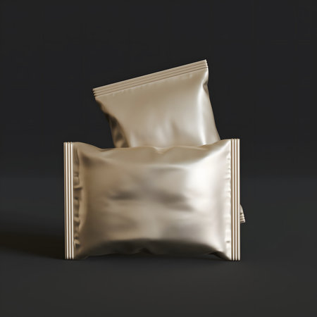 3d render of a golden foil pouch on a black background.の写真素材