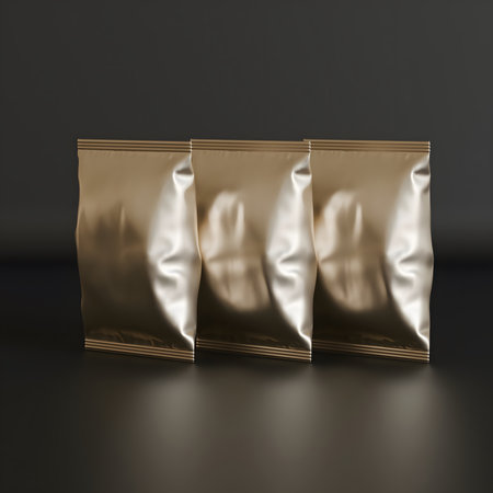 3d rendering of three gold foil coffee bags on black background.の写真素材