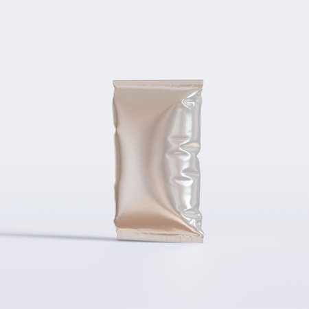 3d rendering of a blank foil sachet isolated on white backgroundの写真素材