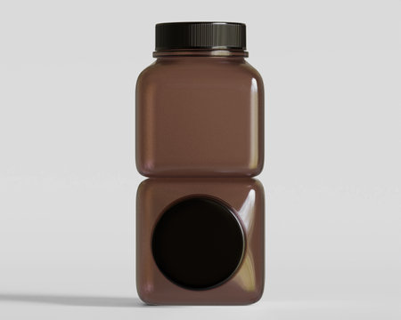 3d rendering of brown plastic bottle with black cap on gray backgroundの写真素材