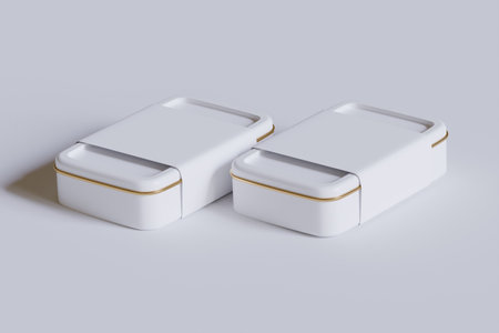 3d rendering of two white boxes isolated on white background with shadowの写真素材