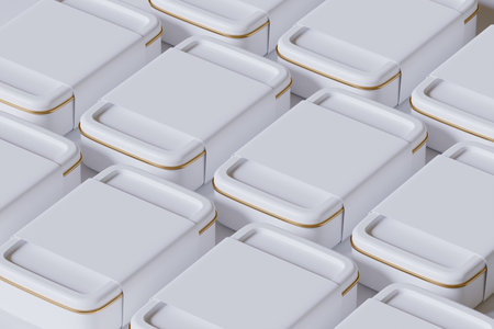 3d rendering of a lot of white square boxes with golden linesの写真素材