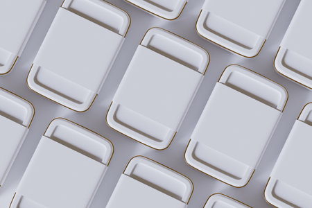 3d render of a row of white mobile phones isolated on white background
