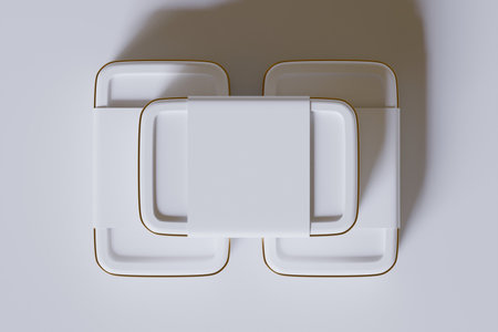 Top view of empty white plates on white background. 3d renderの写真素材