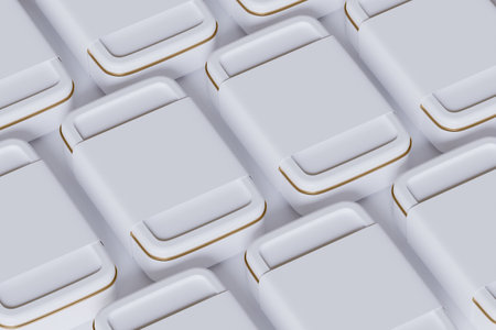 3d rendering of white mobile phone in a row, abstract backgroundの写真素材