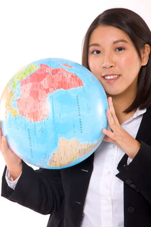 asian businesswoman with globeの写真素材