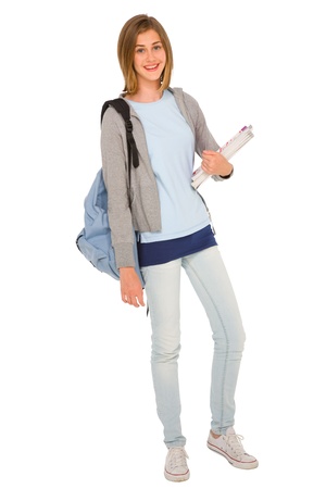teenage girl with backpack and booksの写真素材