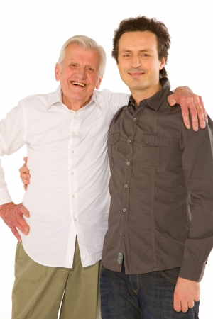 eldery father granfather and son standing  on white backgraundの写真素材