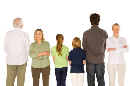 three generations family standing isolated on white background