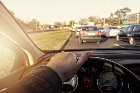 Large and long traffic jam at rush hour in the cityの写真素材