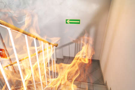 Stairs on fire in the buildingの写真素材