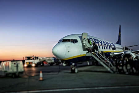 Modlin, Poland - April 22, 2015: Boeing 737-800 Ryanair\'s low-cost airline at the airport in...
