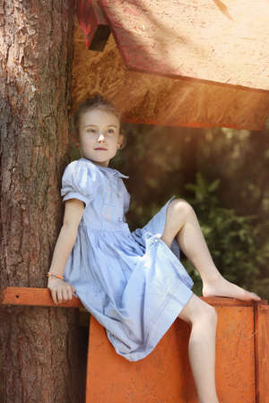 Looking for a holiday - a girl in a tree houseの写真素材