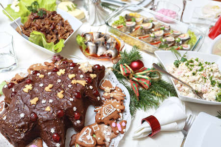 Lavishly set table for Christmasの写真素材