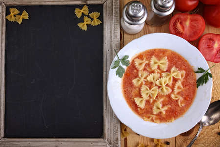 The menu at the restaurant - delicious homemade tomato soupの写真素材