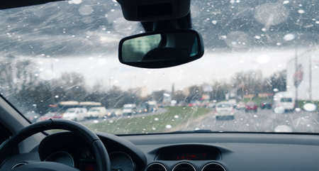 Traveling by taxi in winter dayの写真素材