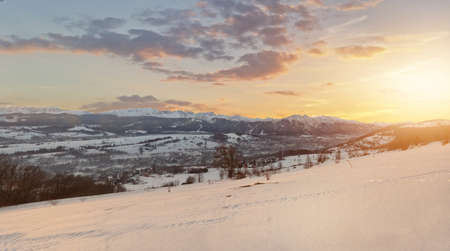 beautiful view of the Polish Tatras and Zakopane on a sunny winter dayの写真素材