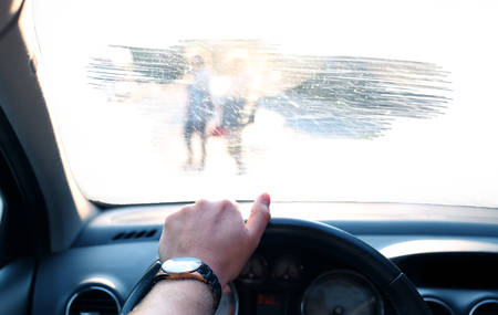 poor visibility in the car on a winter dayの写真素材