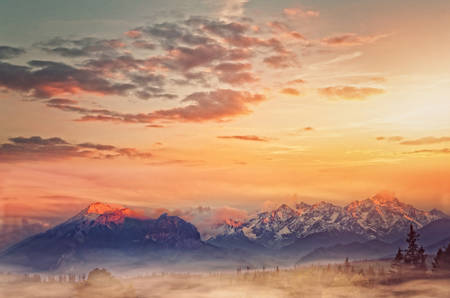 Sunny and beautiful view of the panorama of the mountain tatrasの写真素材