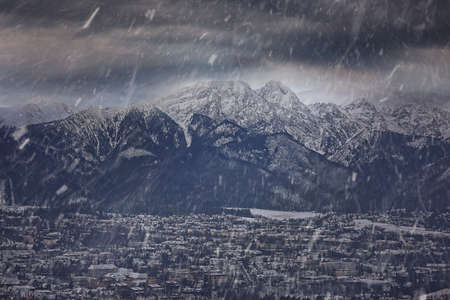 Snowy weather in zakopane cityの写真素材