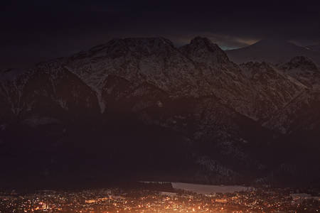 zakopane city and mountain by nightの写真素材