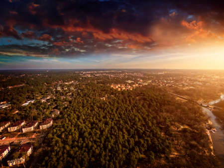 top view of the town and forestの写真素材
