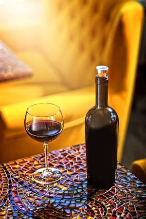 dry red wine poured in the restaurantの写真素材