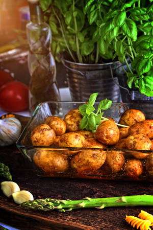 baked asparagus with potatoesの写真素材