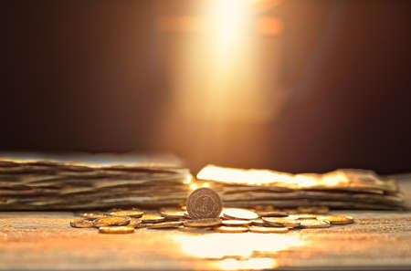 one zloty coin on the background of banknotes - Polish currency