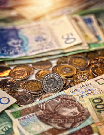 one zloty coin on the background of banknotes - Polish currencyの写真素材