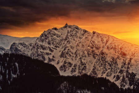 colorful sunset and view of the Kasprowy Wierch in Polish mountainsの写真素材