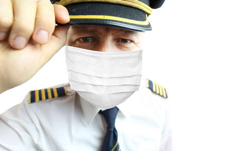 Airplane captain pilot in mask isolated on white