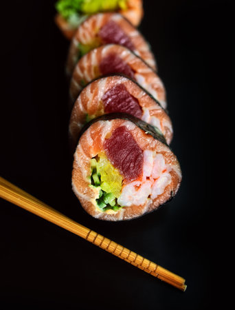 prepared sushi roll ready to eatの写真素材