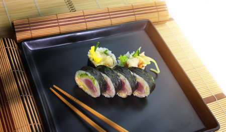 sushi roll served in a restaurantの写真素材