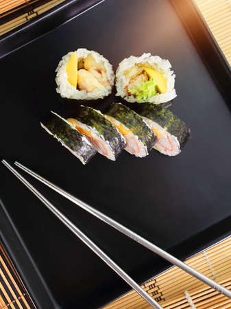 sushi roll served in a restaurantの写真素材