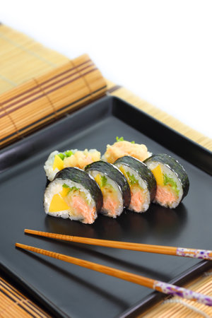 sushi roll served in a restaurantの写真素材