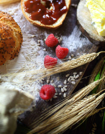 Delicious breakfast with jam and raspberriesの写真素材