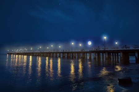 Night view of the moonlit night and the pier in Gdynia, Polandの写真素材