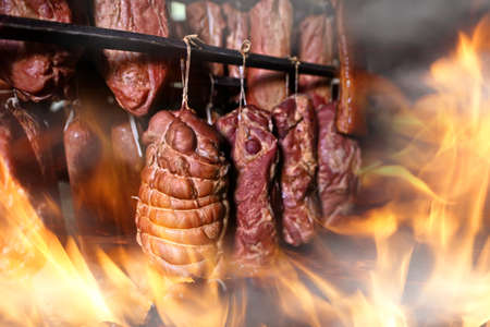 delicious cold cuts prepared in a home-made smokehouseの写真素材