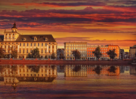 sunset over Wroclaw City and the university and old tenement housesの写真素材