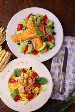 delicious seafood and salmon and lettuce dishesの写真素材