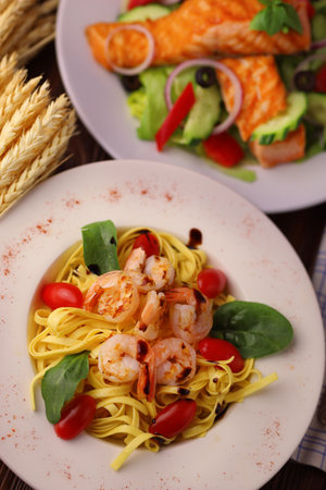 delicious seafood and salmon and lettuce dishesの写真素材