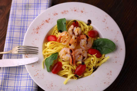 delicious and healthy prawns served with noodlesの写真素材