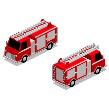 Isometric red firefighter truck in isolated white background. The style is cell shaded, but cell...