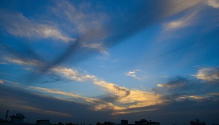 Blue and clear sky with cloudsの写真素材