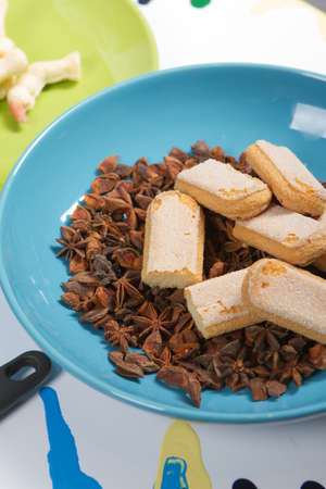 food, junk-food, culinary, baking and eating concept close up of jelly beans candies and chocolate on tableの写真素材