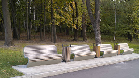VDNH. The empty benches. Beautiful Sunny city landscape with four benches on the sidewalk.の写真素材