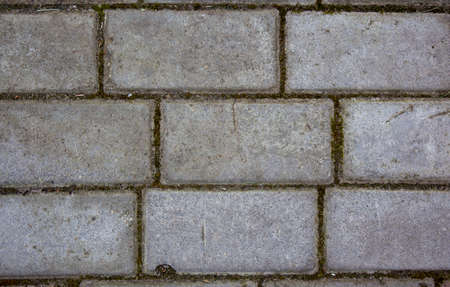 Simple rectangular paving slabs. Gray paving tiles details close-up. The texture of paving tiles, the pattern on the tile. Concrete paving slab flagstone. Sidewalk pavement pattern. Cement brickの写真素材