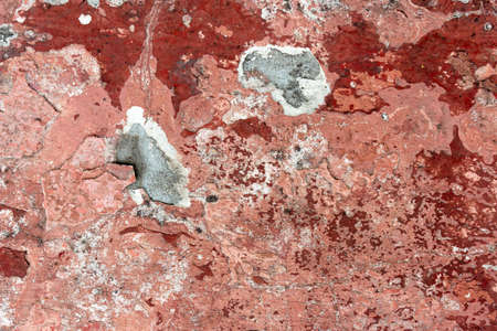 Dark Plaster Wall With Dirty Red Brown Scratched Horizontal Background. Concrete Wall With Peel...