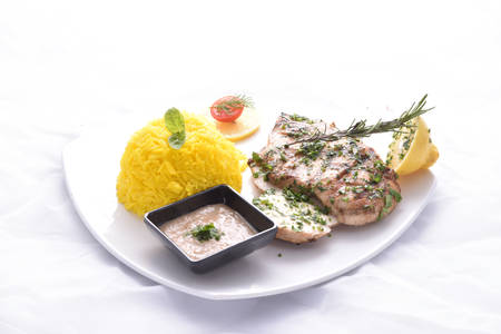 Grilled chicken breast with kabsa riceの写真素材